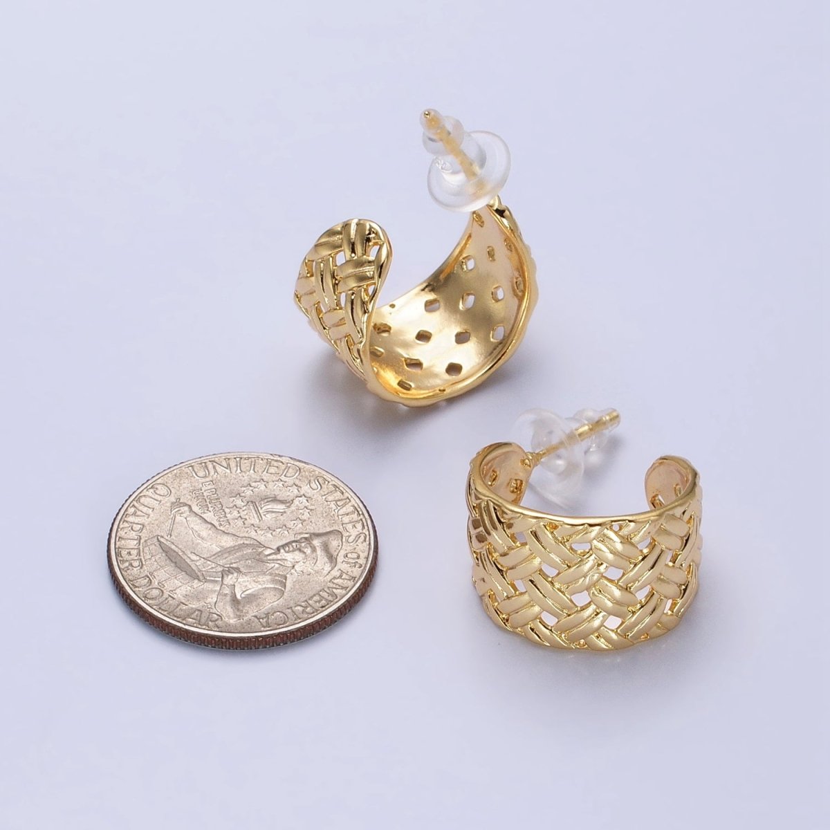 16K Gold Filled Geometric Rattan Textured C-Shaped 20mm Hoop Earrings in Gold & Silver | AB456 AD897 - DLUXCA