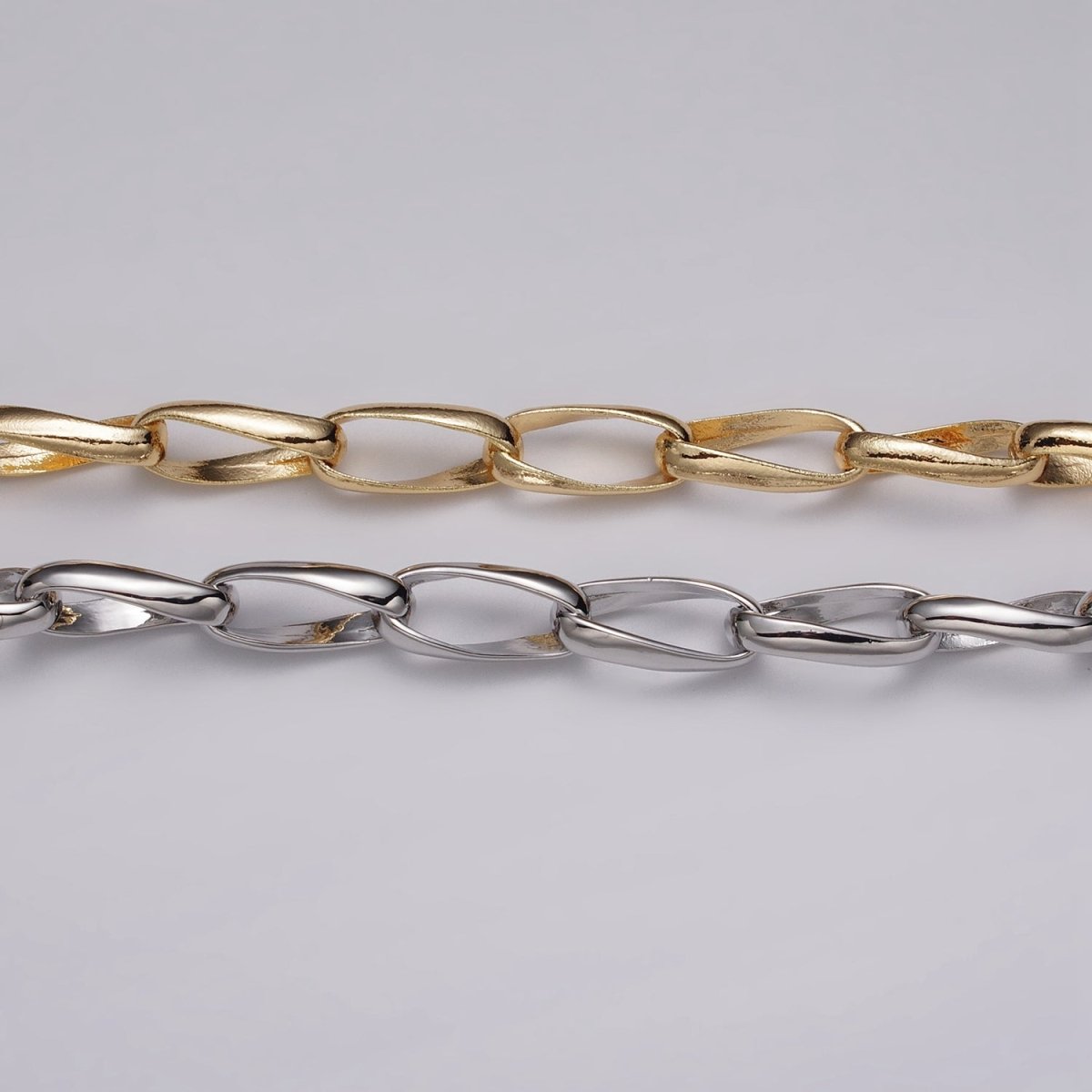 16k Gold Filled Geometric Twist Curved PaperClip Unfinished Chain by Yard in Gold & Silver | ROLL-1169 ROLL-1170 Clearance Pricing - DLUXCA