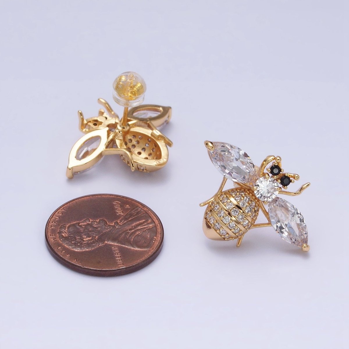 16K Gold Filled Gold Bee Stud Earrings • Crystal Cubic Zirconia Honey Bee Queen Bee Bumble Bee Jewelry AD1474 AD1475 - DLUXCA