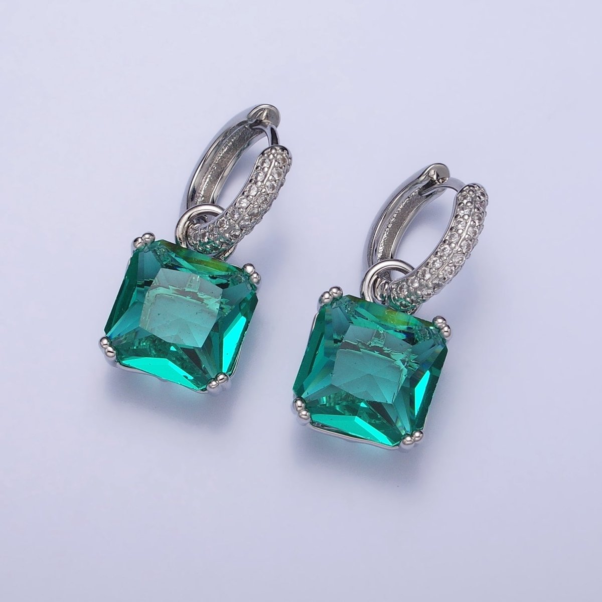 16K Gold Filled Green Aqua Square CZ Drop Micro Paved Huggie Earrings | AD13357 AD1358 - DLUXCA