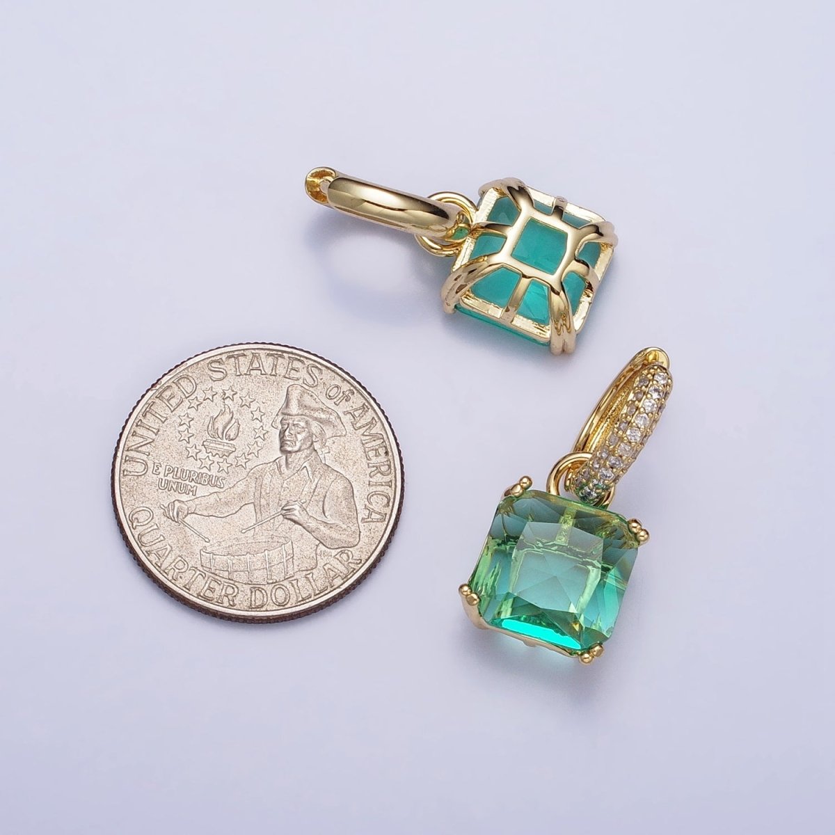 16K Gold Filled Green Aqua Square CZ Drop Micro Paved Huggie Earrings | AD13357 AD1358 - DLUXCA