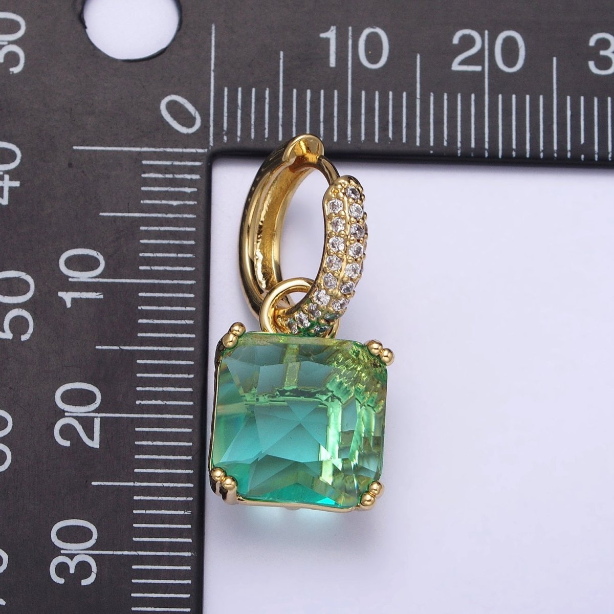 16K Gold Filled Green Aqua Square CZ Drop Micro Paved Huggie Earrings | AD13357 AD1358 - DLUXCA