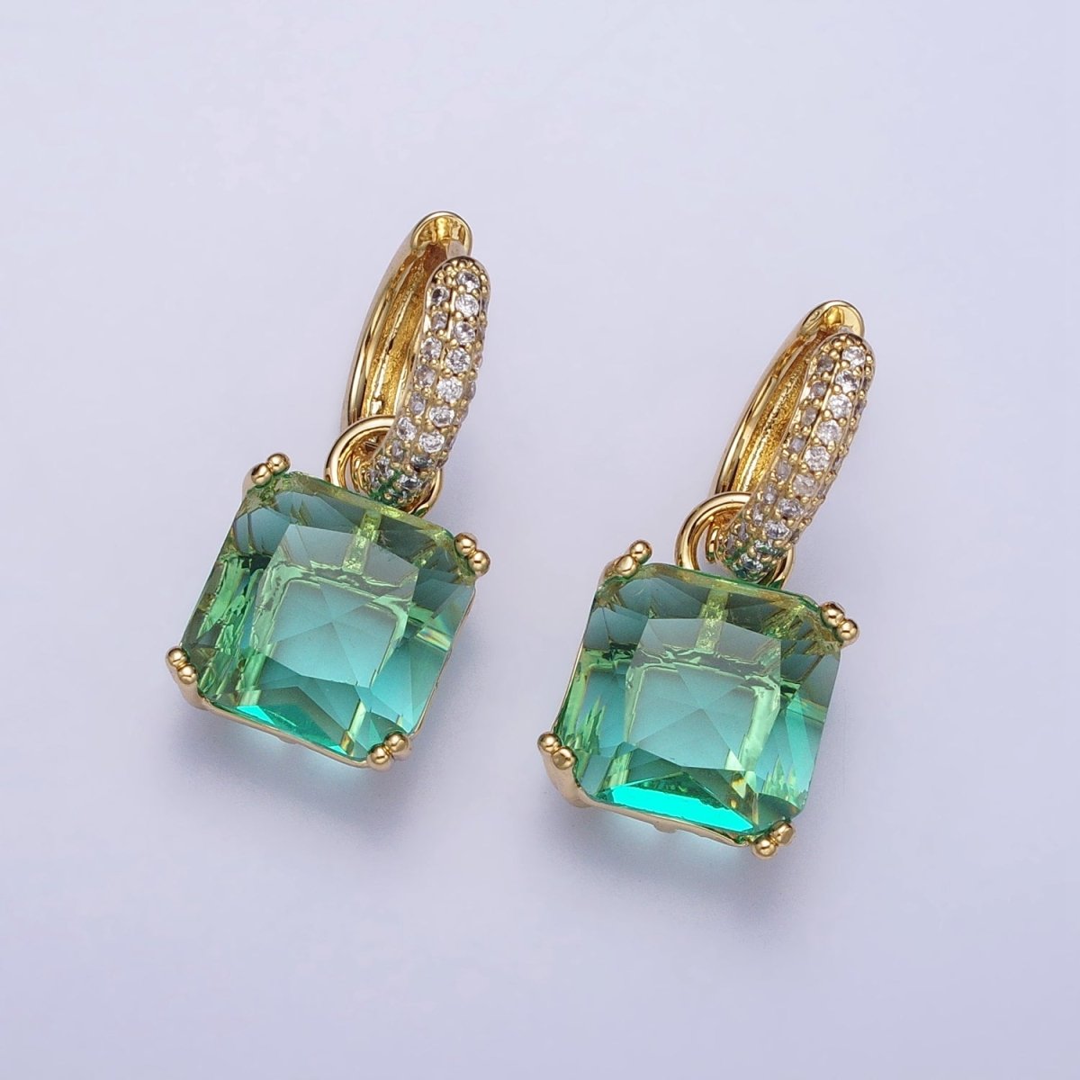 16K Gold Filled Green Aqua Square CZ Drop Micro Paved Huggie Earrings | AD13357 AD1358 - DLUXCA