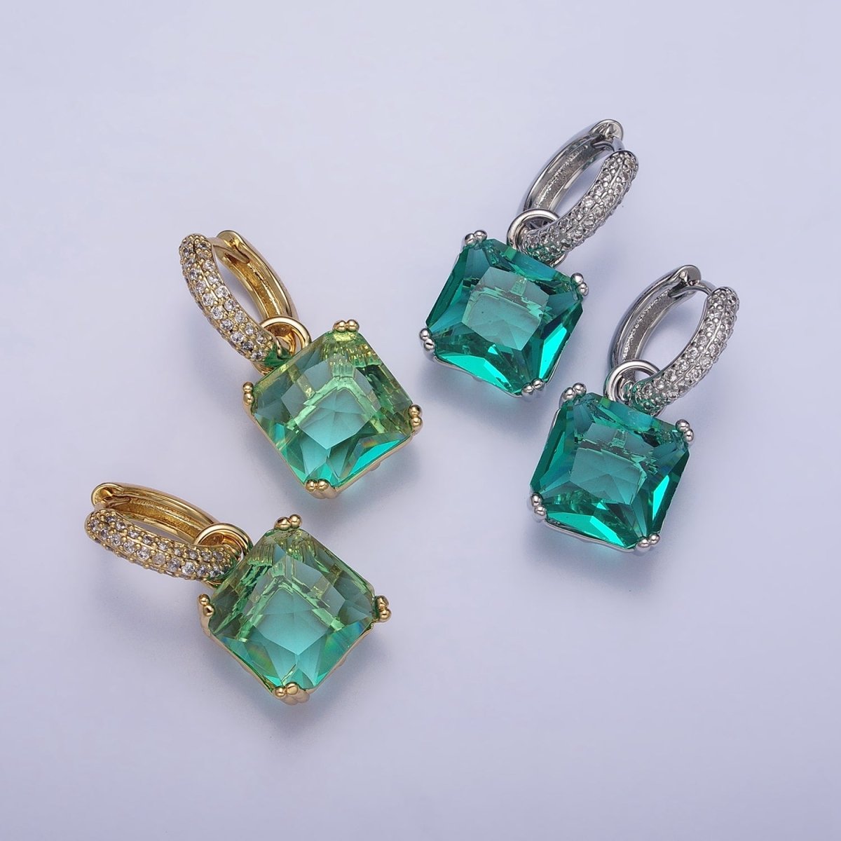 16K Gold Filled Green Aqua Square CZ Drop Micro Paved Huggie Earrings | AD13357 AD1358 - DLUXCA