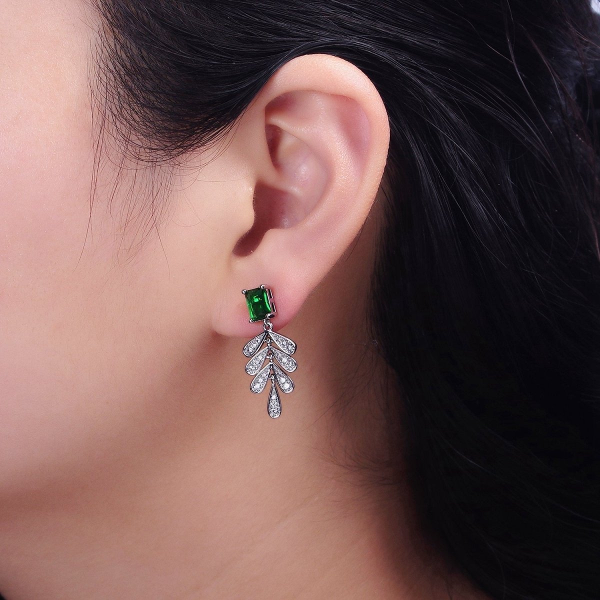 16K Gold Filled Green Baguette Micro Paved CZ Olive Leaf Drop Stud Earrings in Gold & Silver | AD1187 AD1228 - DLUXCA