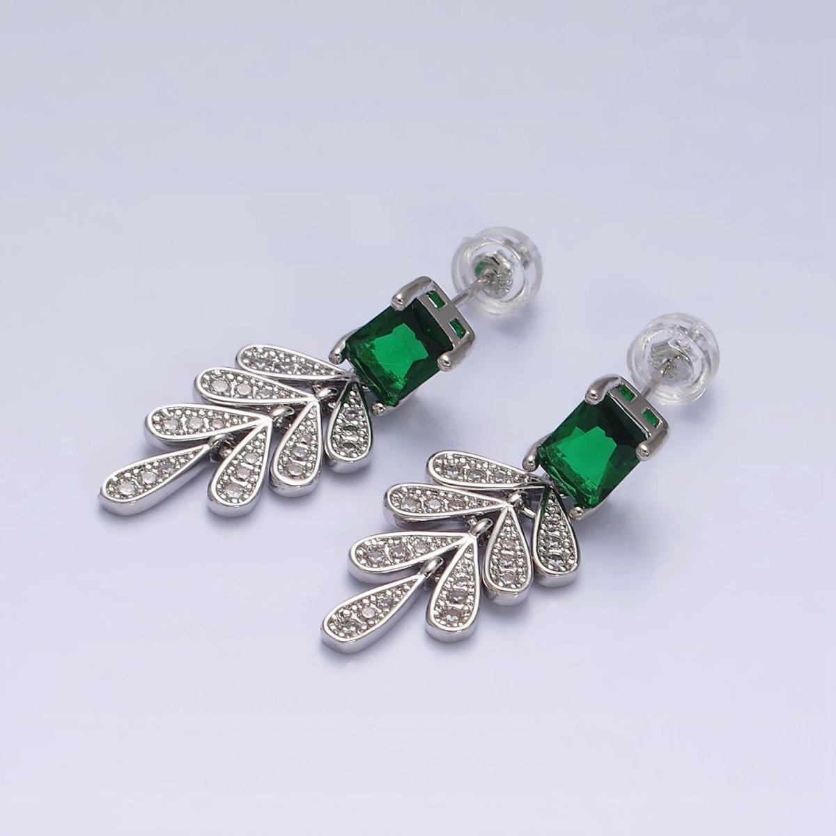 16K Gold Filled Green Baguette Micro Paved CZ Olive Leaf Drop Stud Earrings in Gold & Silver | AD1187 AD1228 - DLUXCA