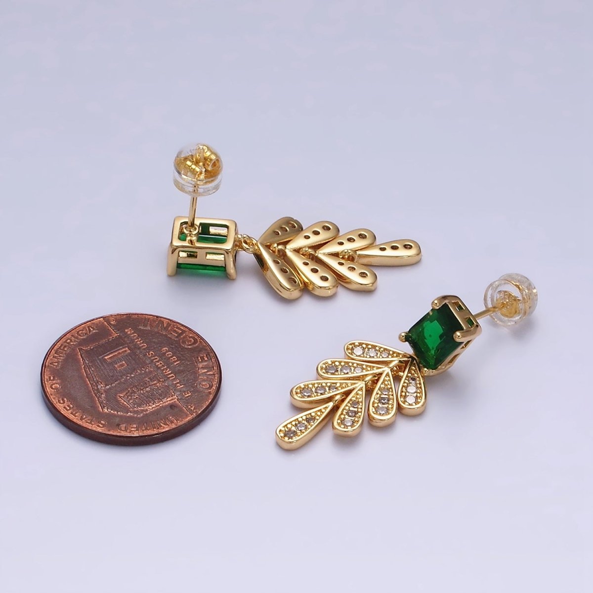 16K Gold Filled Green Baguette Micro Paved CZ Olive Leaf Drop Stud Earrings in Gold & Silver | AD1187 AD1228 - DLUXCA