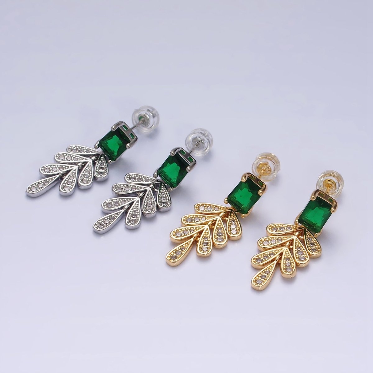 16K Gold Filled Green Baguette Micro Paved CZ Olive Leaf Drop Stud Earrings in Gold & Silver | AD1187 AD1228 - DLUXCA