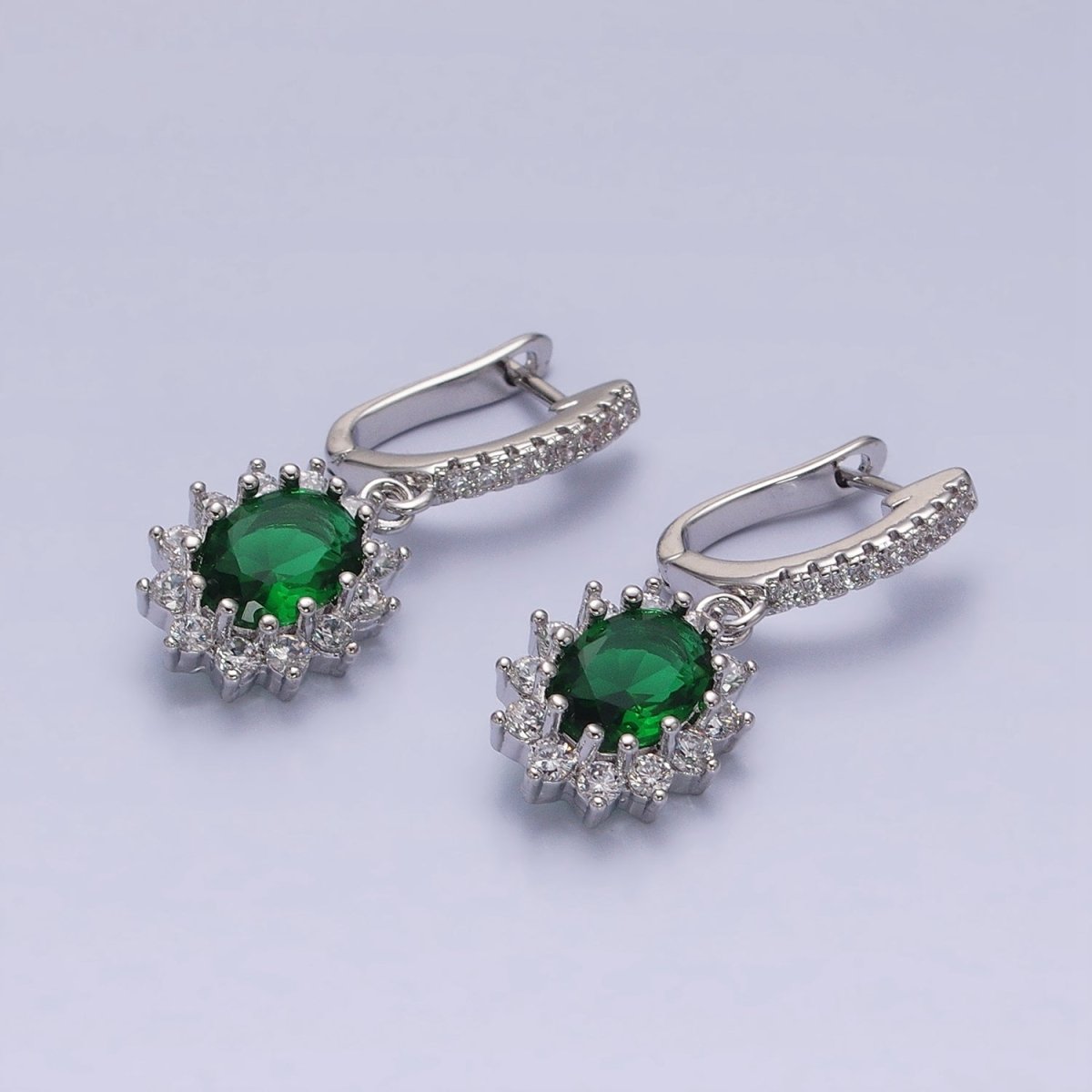 16K Gold Filled Green Celestial Sun Flower Oval CZ Drop Clear Micro Paved English Lock Earrings in Gold & Silver | AD1102 AD1103 - DLUXCA