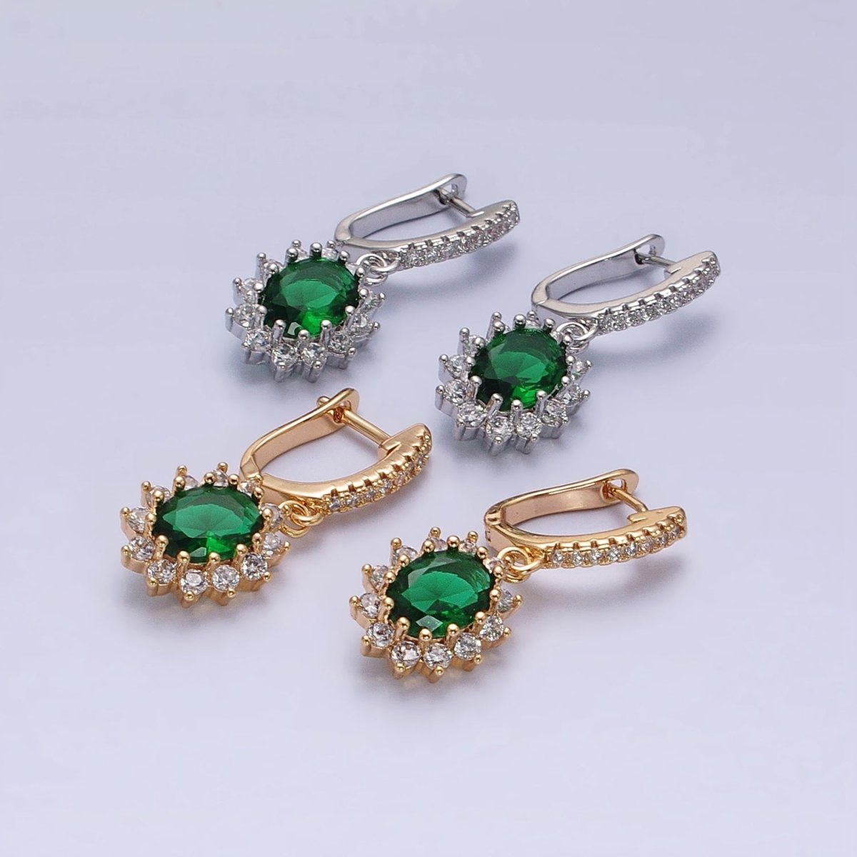 16K Gold Filled Green Celestial Sun Flower Oval CZ Drop Clear Micro Paved English Lock Earrings in Gold & Silver | AD1102 AD1103 - DLUXCA