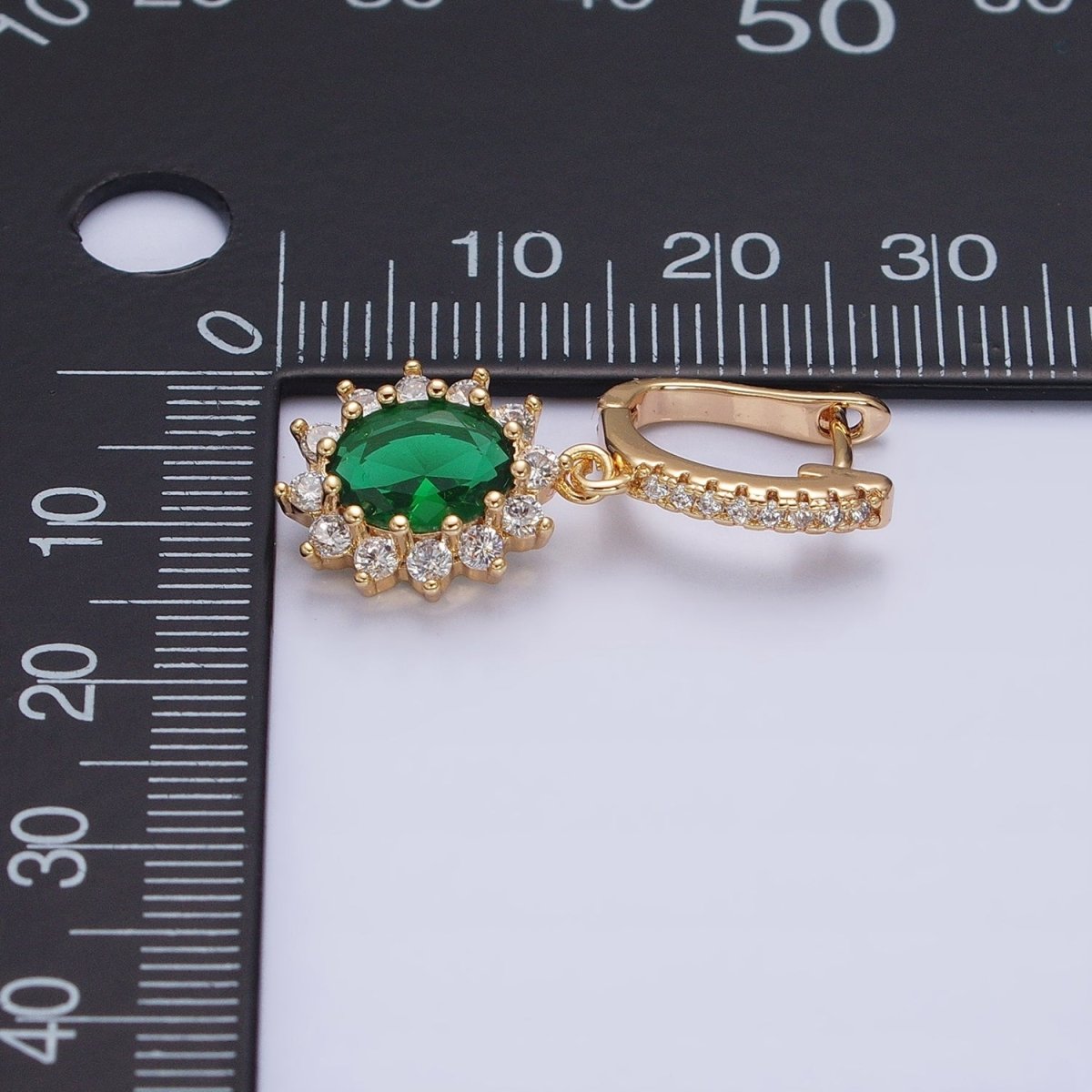 16K Gold Filled Green Celestial Sun Flower Oval CZ Drop Clear Micro Paved English Lock Earrings in Gold & Silver | AD1102 AD1103 - DLUXCA