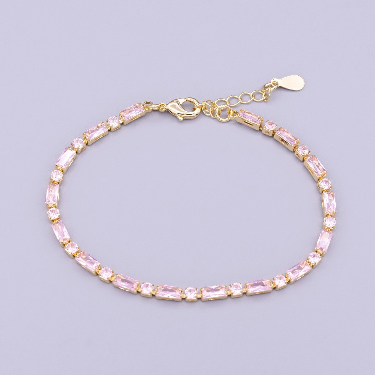 16K Gold Filled Green, Checkered, Black, Clear, Pink 2.5mm Baguette Round CZ 6.5 Inch Tennis Chain Bracelet | WA-1813 - WA-1831 Clearance Pricing - DLUXCA