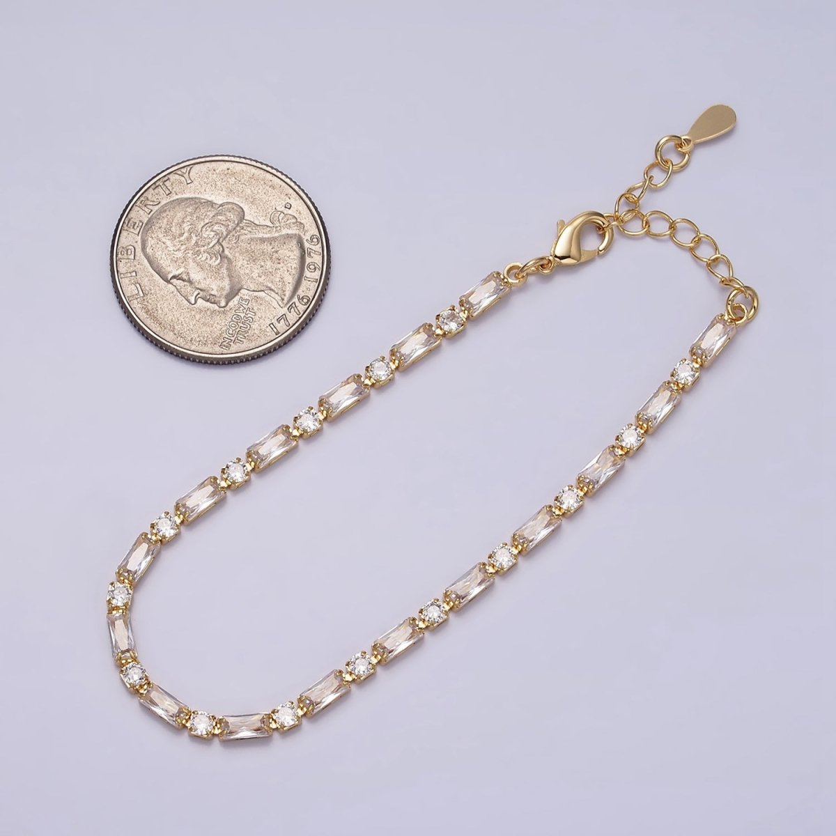 16K Gold Filled Green, Checkered, Black, Clear, Pink 2.5mm Baguette Round CZ 6.5 Inch Tennis Chain Bracelet | WA-1813 - WA-1831 Clearance Pricing - DLUXCA