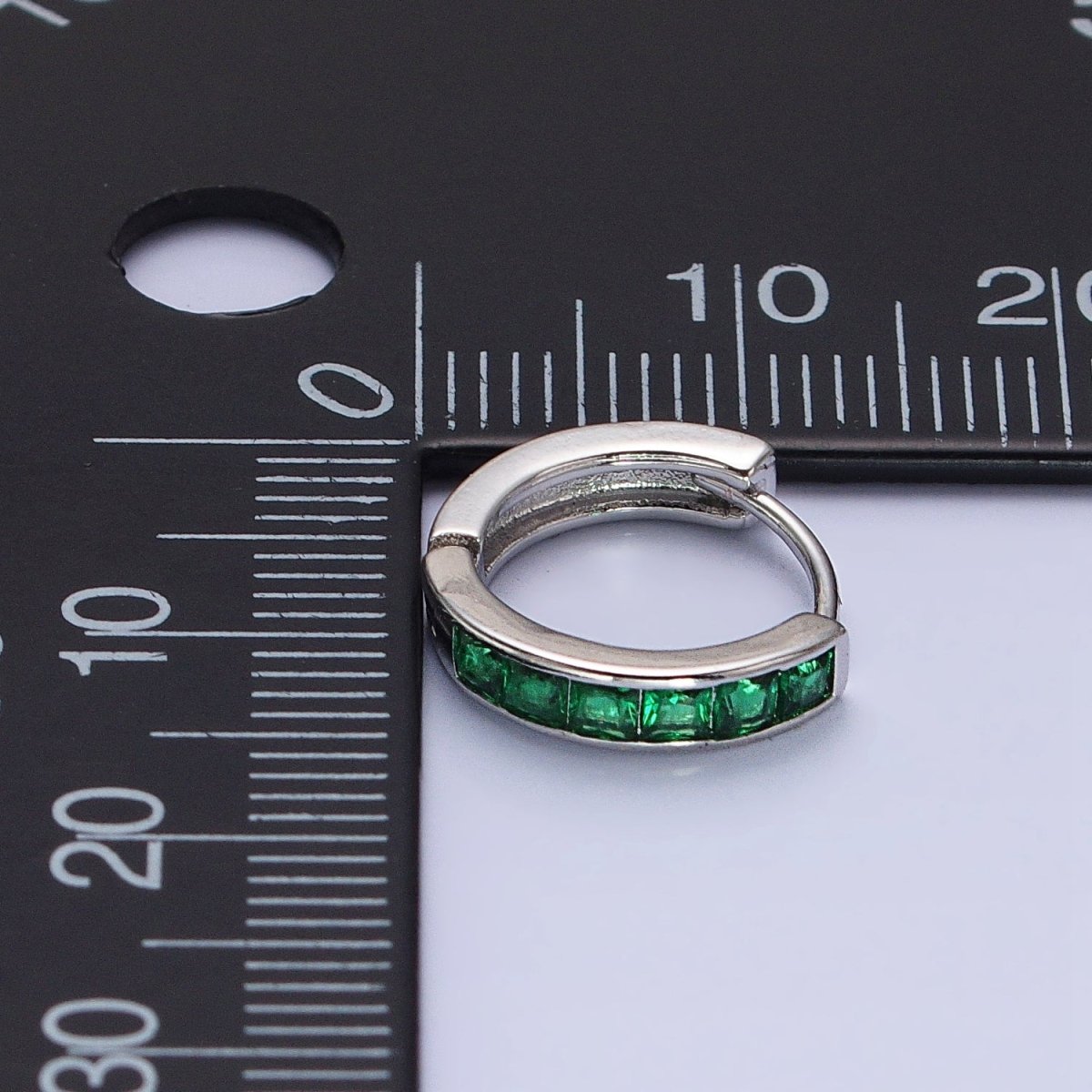 16K Gold Filled Green, Clear, Turquoise Square CZ Lined 13mm Cartilage Huggie Earrings in Gold & Silver | AB659 AB958 - AB960 AB1502 AB1503 - DLUXCA