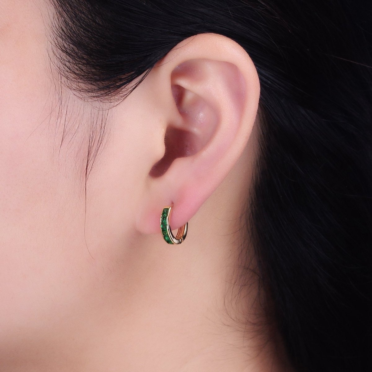 16K Gold Filled Green, Clear, Turquoise Square CZ Lined 13mm Cartilage Huggie Earrings in Gold & Silver | AB659 AB958 - AB960 AB1502 AB1503 - DLUXCA