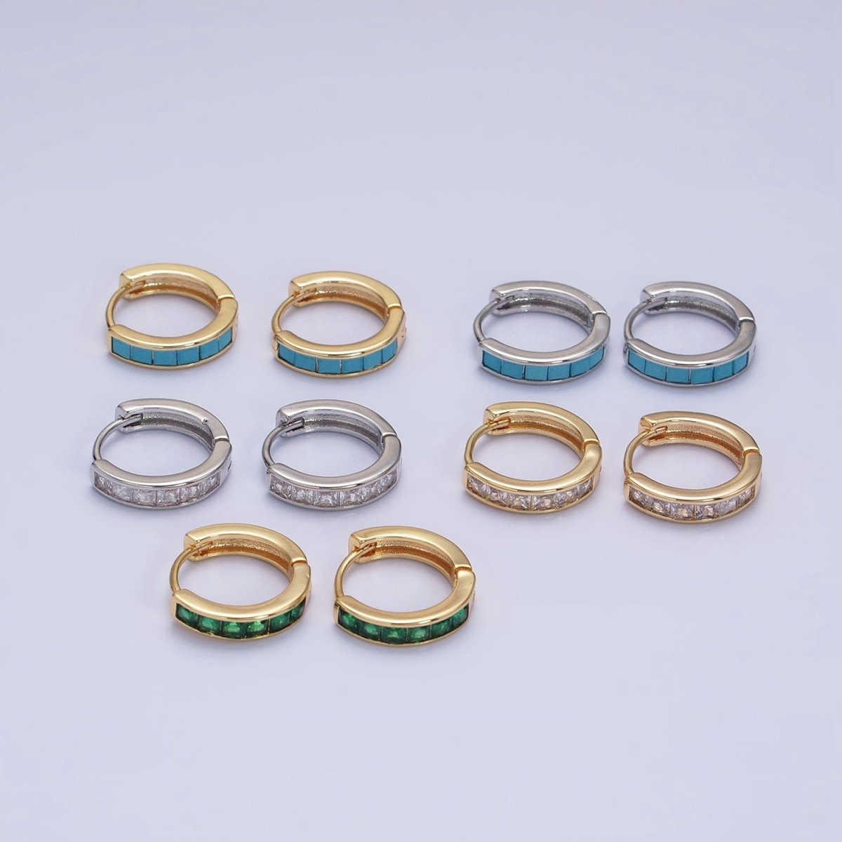 16K Gold Filled Green, Clear, Turquoise Square CZ Lined 13mm Cartilage Huggie Earrings in Gold & Silver | AB659 AB958 - AB960 AB1502 AB1503 - DLUXCA