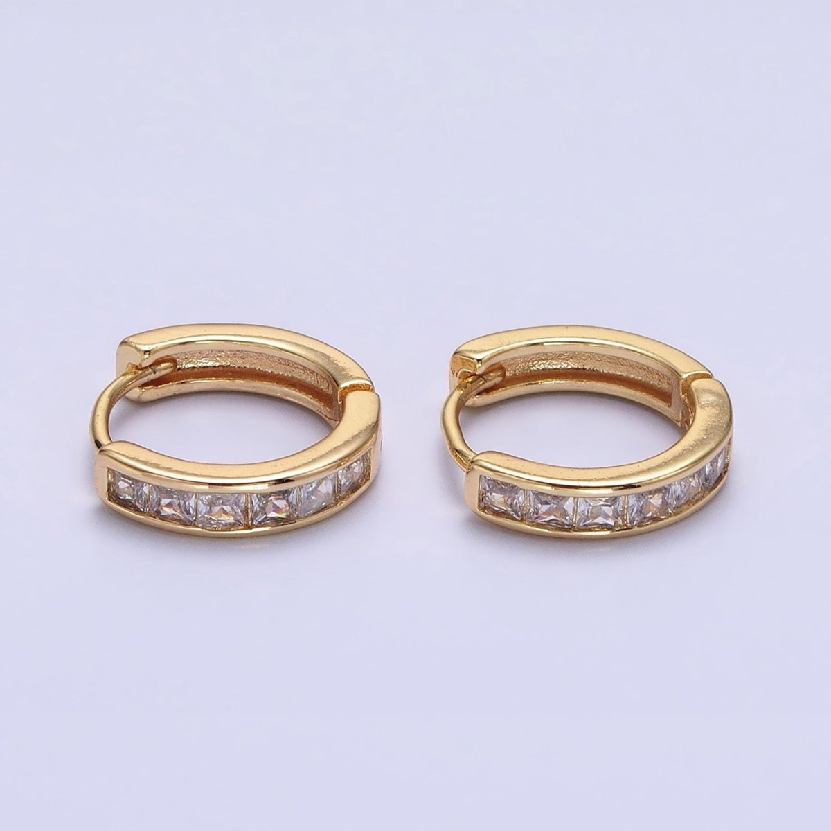 16K Gold Filled Green, Clear, Turquoise Square CZ Lined 13mm Cartilage Huggie Earrings in Gold & Silver | AB659 AB958 - AB960 AB1502 AB1503 - DLUXCA