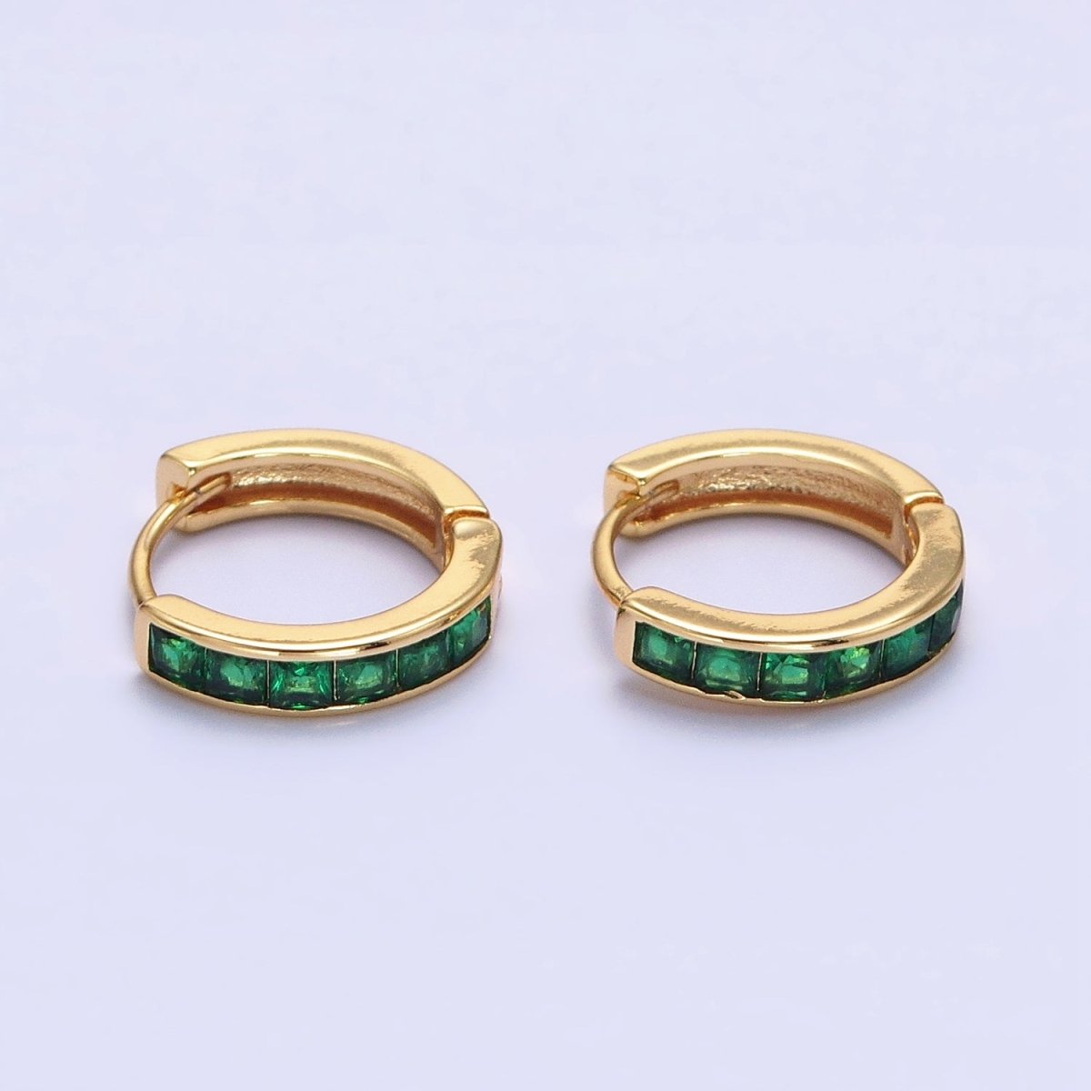 16K Gold Filled Green, Clear, Turquoise Square CZ Lined 13mm Cartilage Huggie Earrings in Gold & Silver | AB659 AB958 - AB960 AB1502 AB1503 - DLUXCA