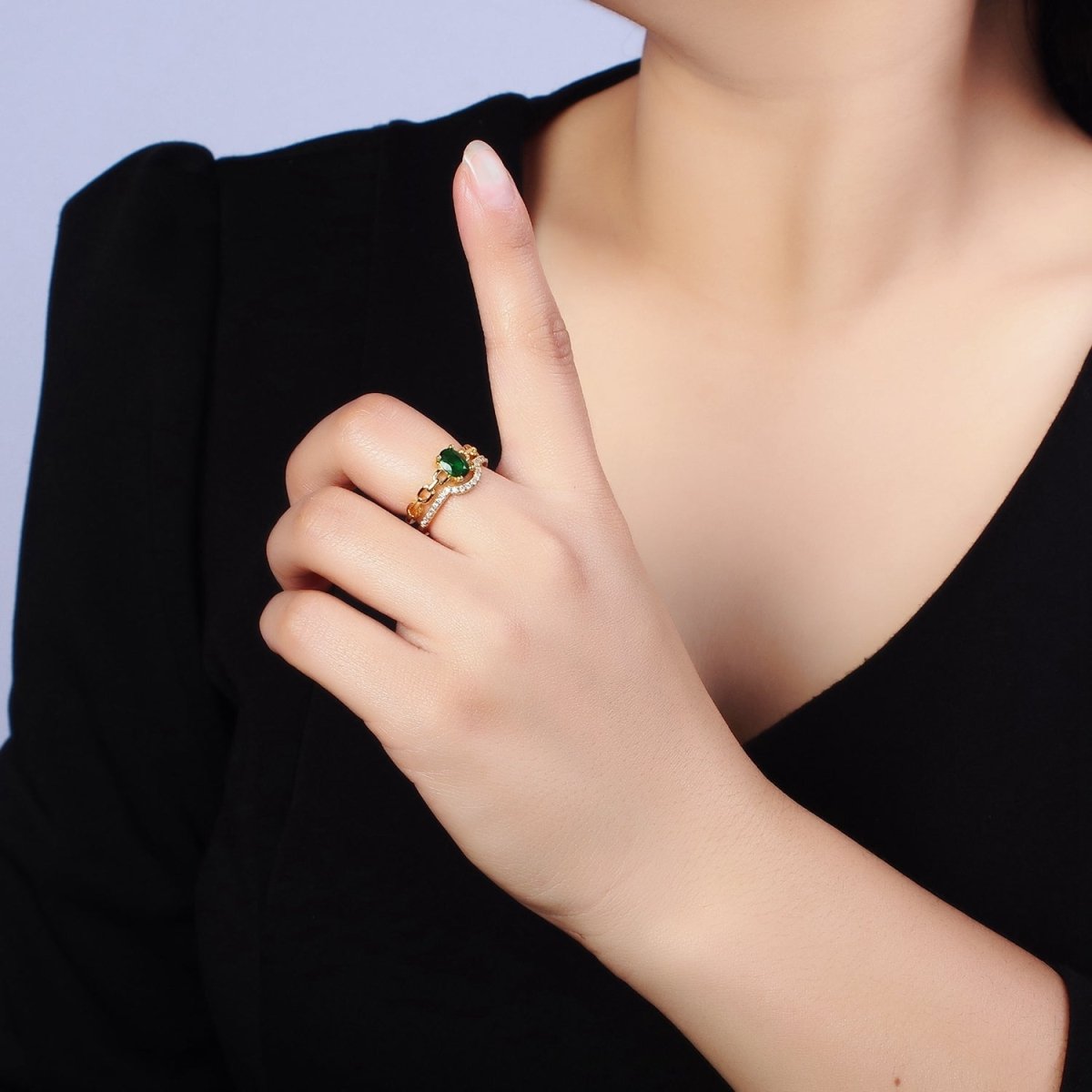 16K Gold Filled Green CZ Oval Cable Link Micro Paved CZ Double Band Ring | O-009 - DLUXCA