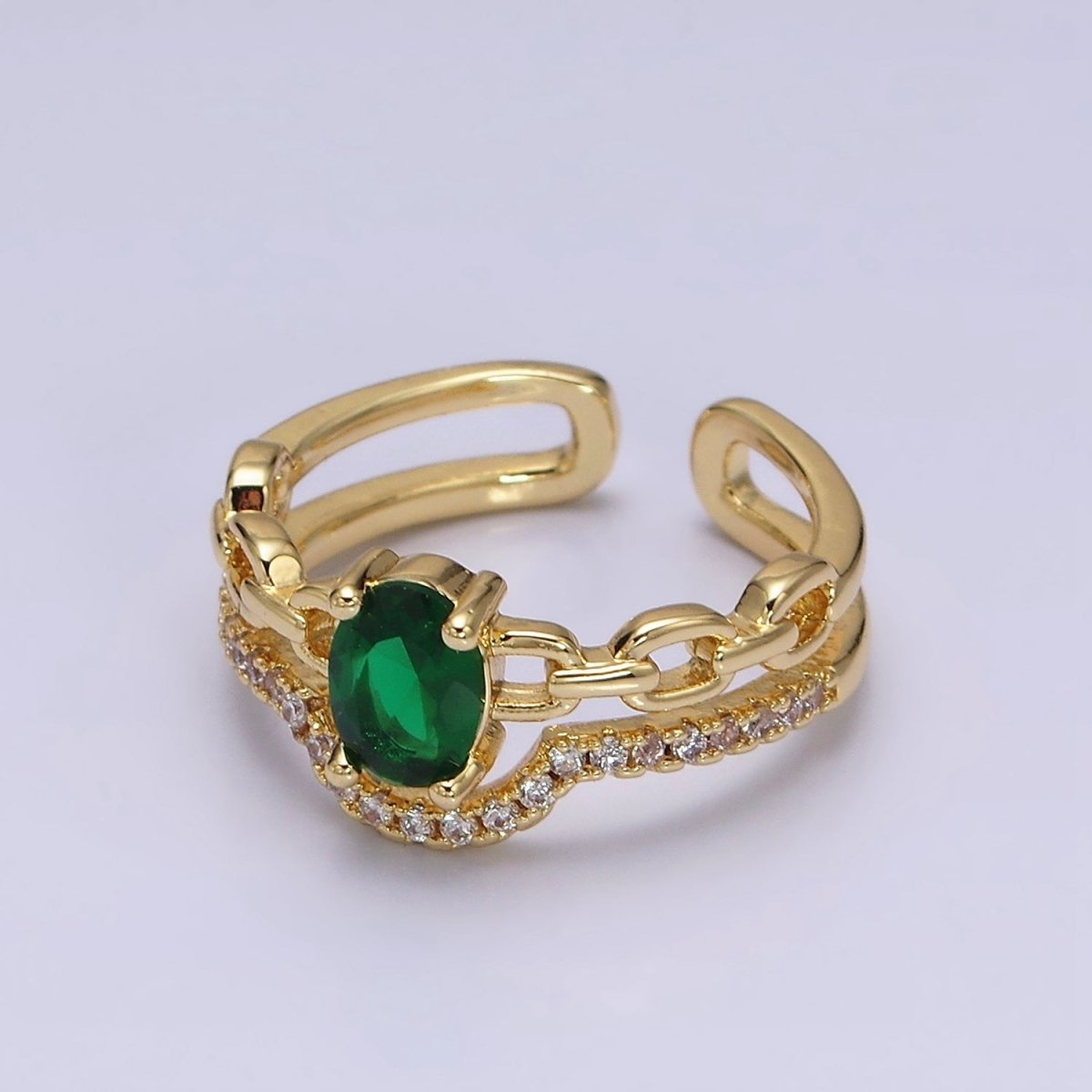 16K Gold Filled Green CZ Oval Cable Link Micro Paved CZ Double Band Ring | O-009 - DLUXCA