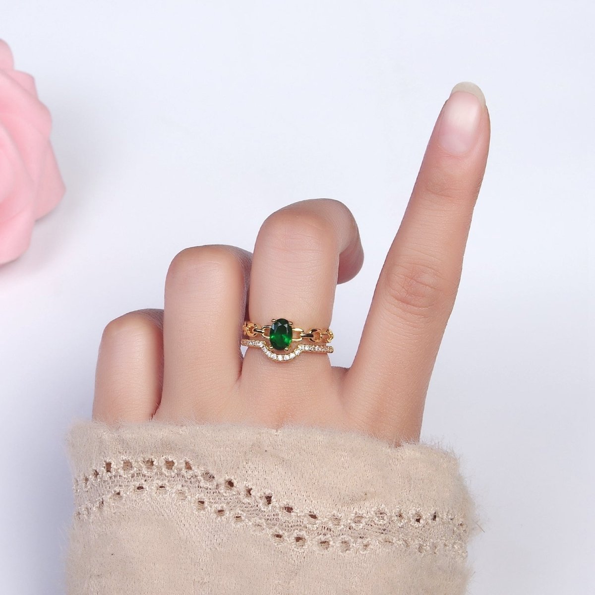 16K Gold Filled Green CZ Oval Cable Link Micro Paved CZ Double Band Ring | O-009 - DLUXCA