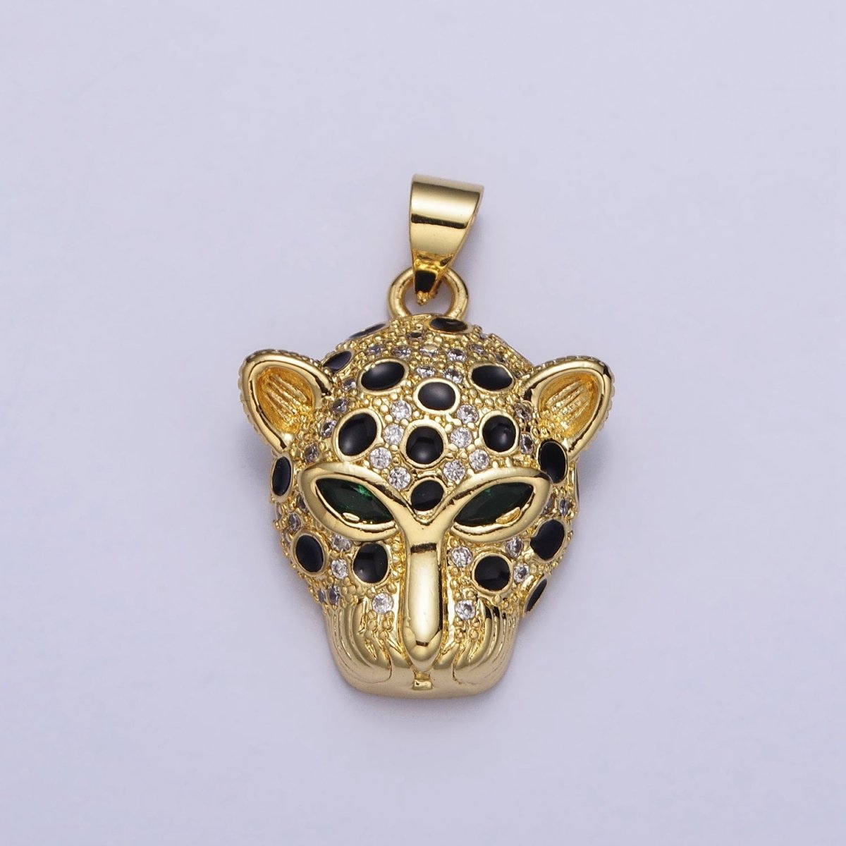 16K Gold Filled Green-Eyed CZ Jaguar Cheetah Black Enamel Micro Paved CZ Animal Pendant | AA509 - DLUXCA