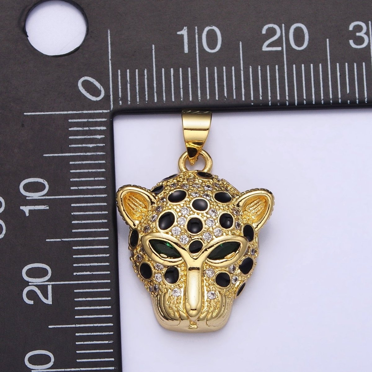 16K Gold Filled Green-Eyed CZ Jaguar Cheetah Black Enamel Micro Paved CZ Animal Pendant | AA509 - DLUXCA