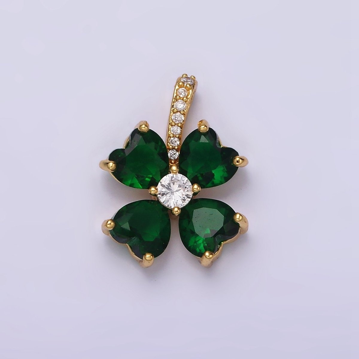 16K Gold Filled Green Flower CZ Heart Petal Micro Paved Bail Pendant | AA547 - DLUXCA