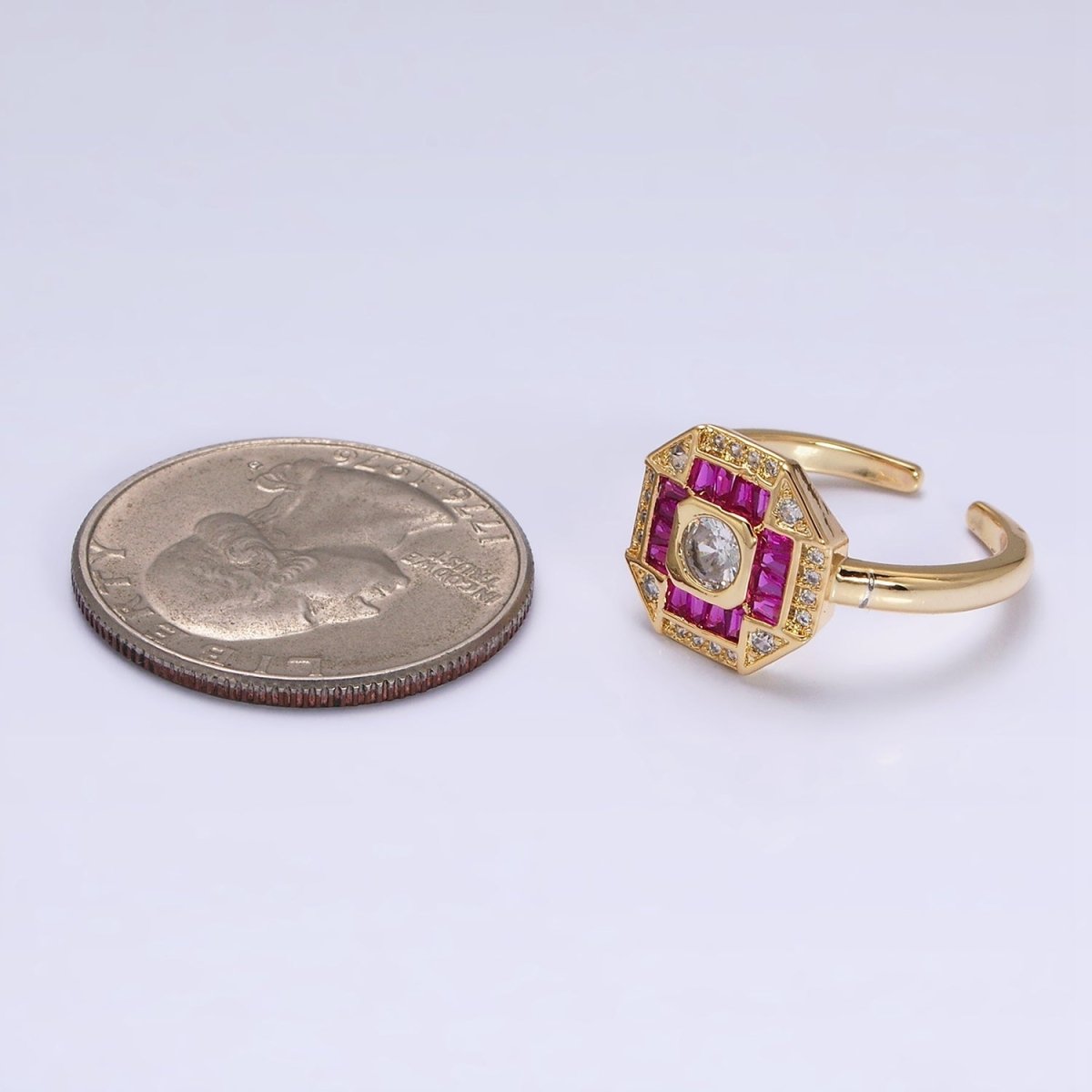 16K Gold Filled Green, Fuchsia CZ Baguette Micro Paved Hexagonal Ring in Gold & Silver | O-1589 O-1590 O-1591 O-1592 - DLUXCA