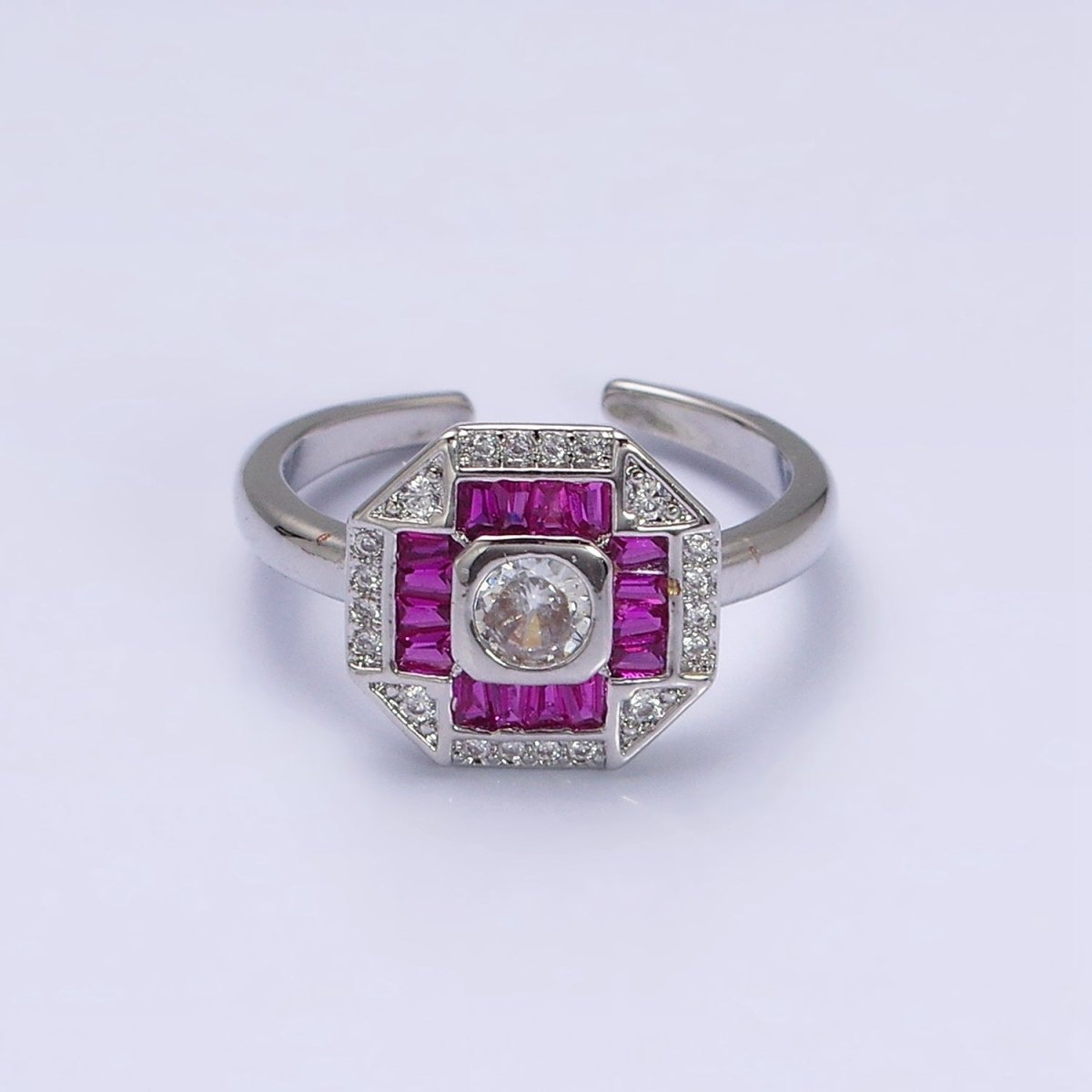 16K Gold Filled Green, Fuchsia CZ Baguette Micro Paved Hexagonal Ring in Gold & Silver | O-1589 O-1590 O-1591 O-1592 - DLUXCA