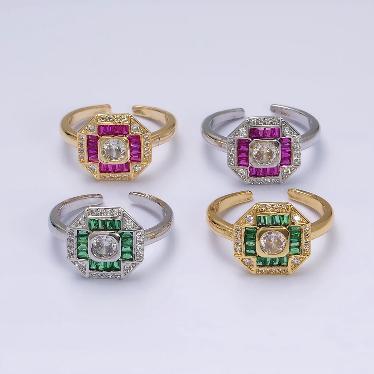 16K Gold Filled Green, Fuchsia CZ Baguette Micro Paved Hexagonal Ring in Gold & Silver | O-1589 O-1590 O-1591 O-1592 - DLUXCA
