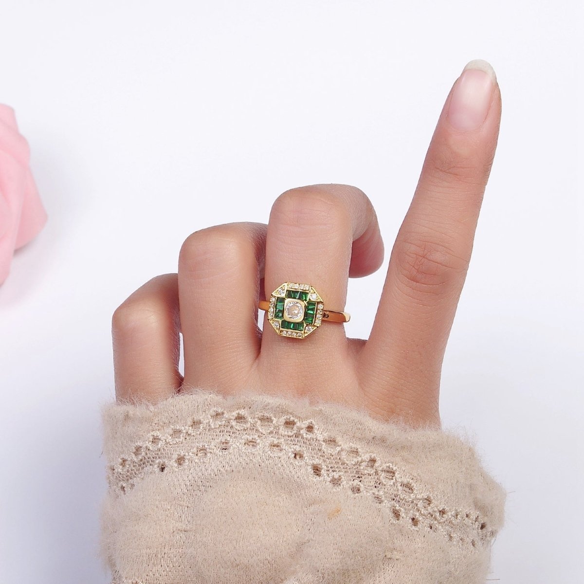 16K Gold Filled Green, Fuchsia CZ Baguette Micro Paved Hexagonal Ring in Gold & Silver | O-1589 O-1590 O-1591 O-1592 - DLUXCA
