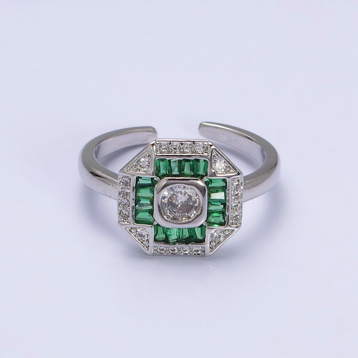 16K Gold Filled Green, Fuchsia CZ Baguette Micro Paved Hexagonal Ring in Gold & Silver | O-1589 O-1590 O-1591 O-1592 - DLUXCA