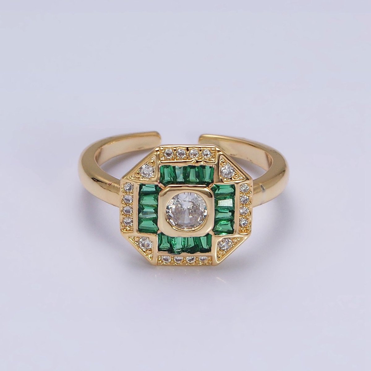 16K Gold Filled Green, Fuchsia CZ Baguette Micro Paved Hexagonal Ring in Gold & Silver | O-1589 O-1590 O-1591 O-1592 - DLUXCA
