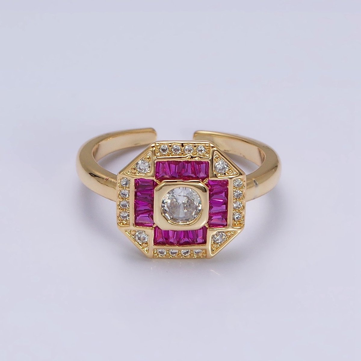 16K Gold Filled Green, Fuchsia CZ Baguette Micro Paved Hexagonal Ring in Gold & Silver | O-1589 O-1590 O-1591 O-1592 - DLUXCA