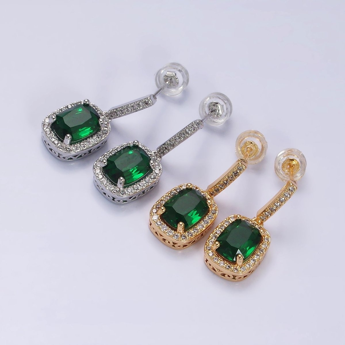 16K Gold Filled Green Oval CZ Micro Paved CZ Linear Drop Stud Earrings in Gold & Silver | AD1267 AD1268 - DLUXCA