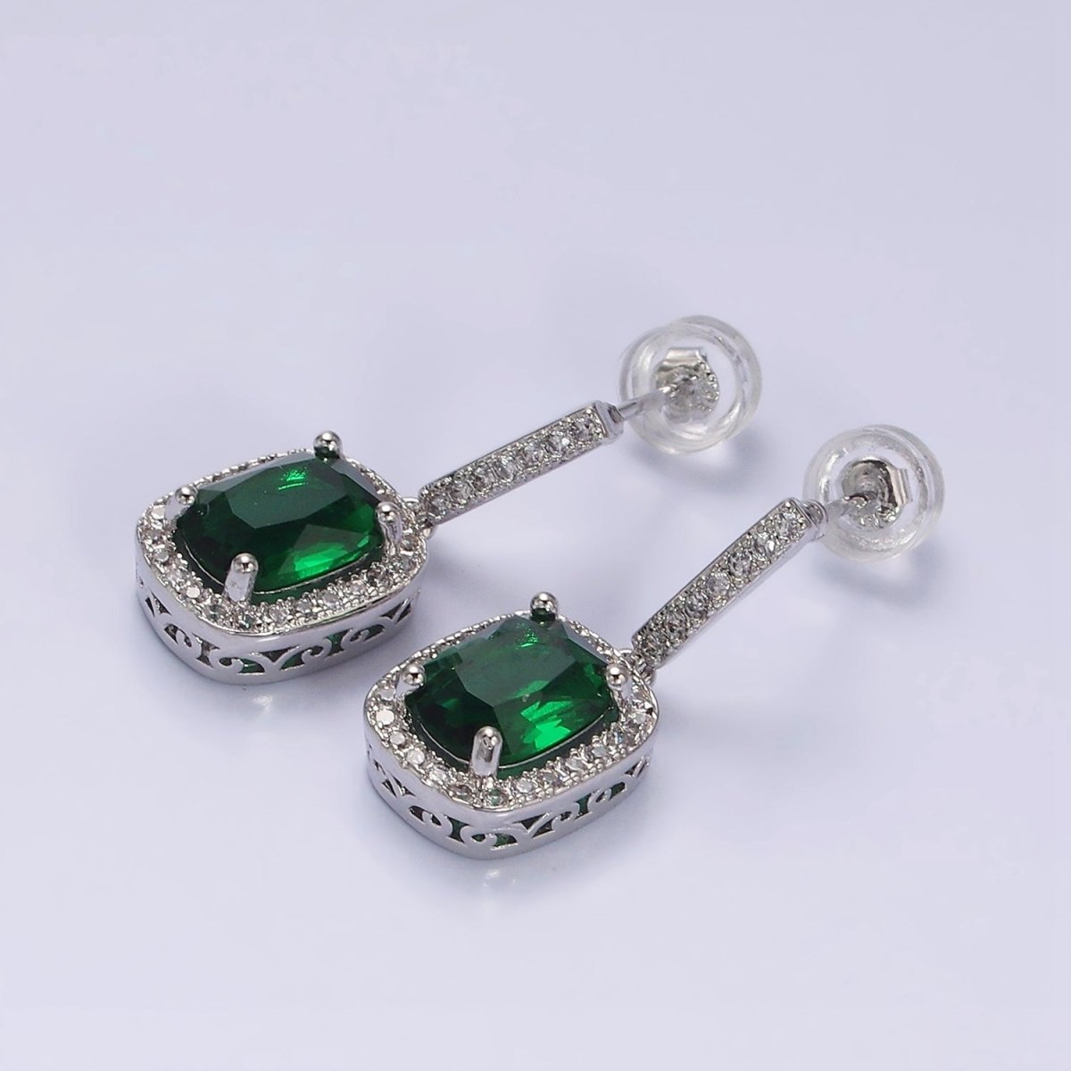 16K Gold Filled Green Oval CZ Micro Paved CZ Linear Drop Stud Earrings in Gold & Silver | AD1267 AD1268 - DLUXCA