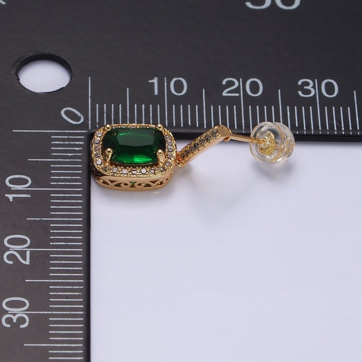 16K Gold Filled Green Oval CZ Micro Paved CZ Linear Drop Stud Earrings in Gold & Silver | AD1267 AD1268 - DLUXCA