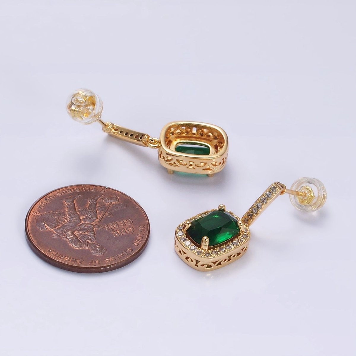 16K Gold Filled Green Oval CZ Micro Paved CZ Linear Drop Stud Earrings in Gold & Silver | AD1267 AD1268 - DLUXCA