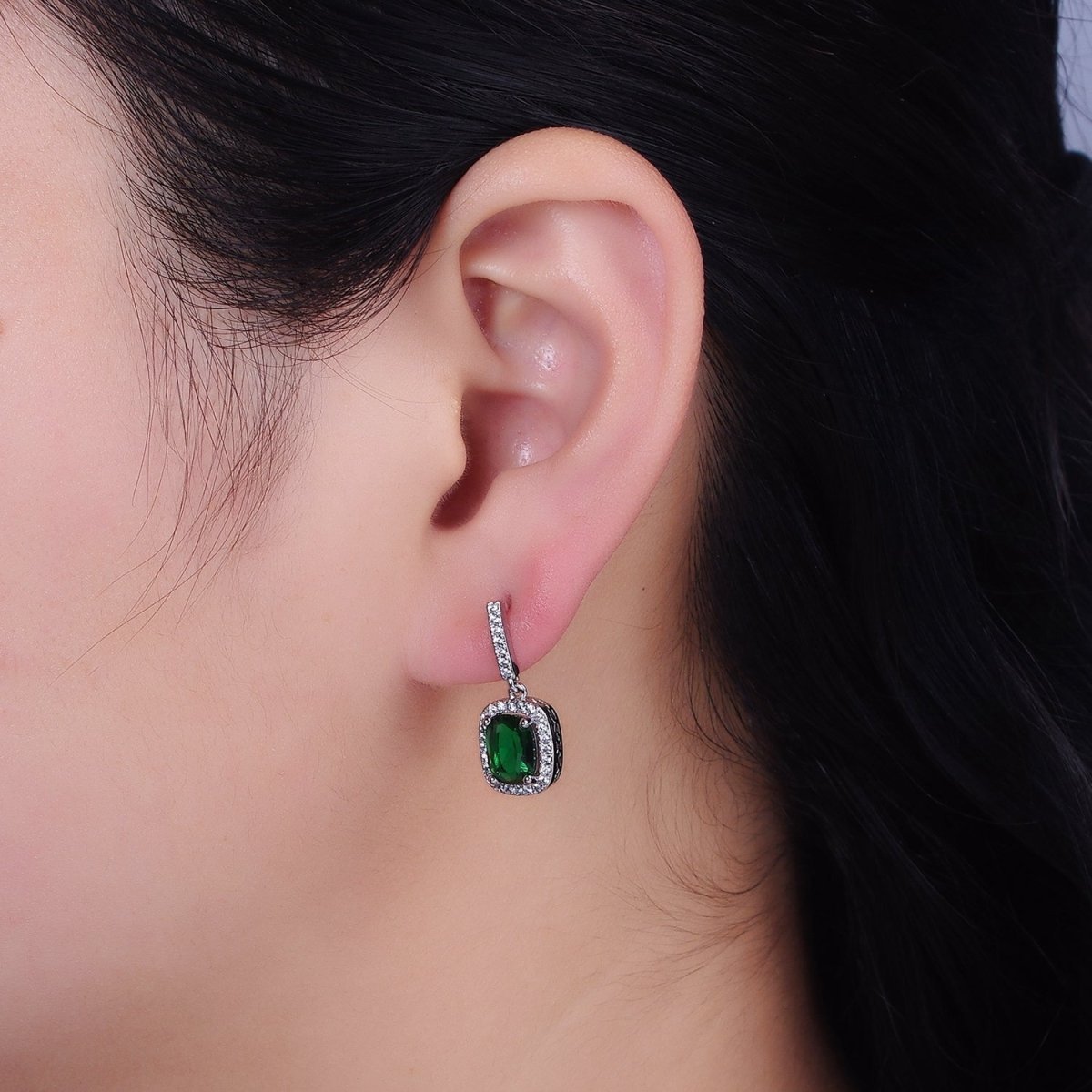 16K Gold Filled Green Oval CZ Micro Paved CZ Linear Drop Stud Earrings in Gold & Silver | AD1267 AD1268 - DLUXCA