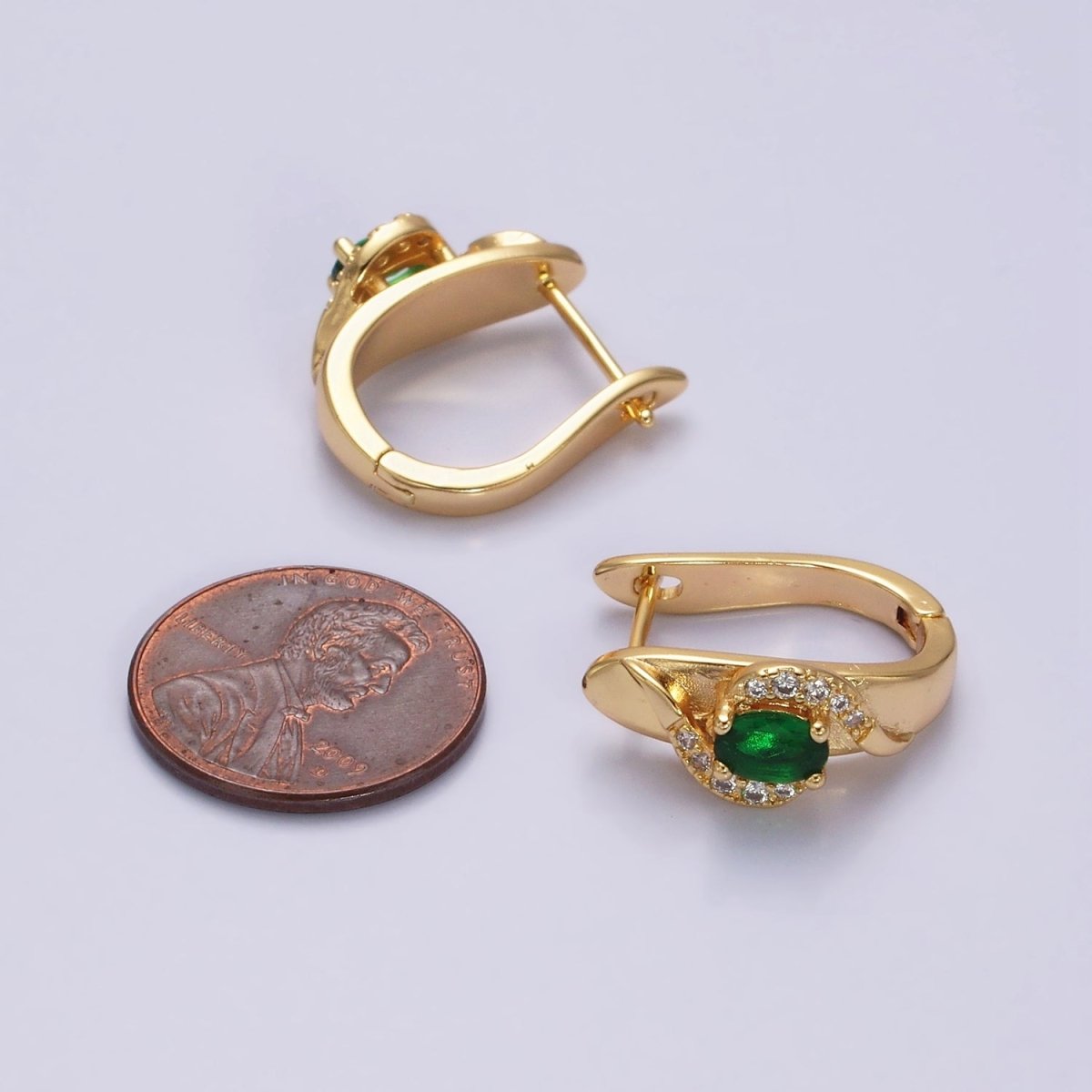 16K Gold Filled Green Oval Micro Paved Curved English Lock Earrings in Gold & Silver | Y-813 Y-814 - DLUXCA