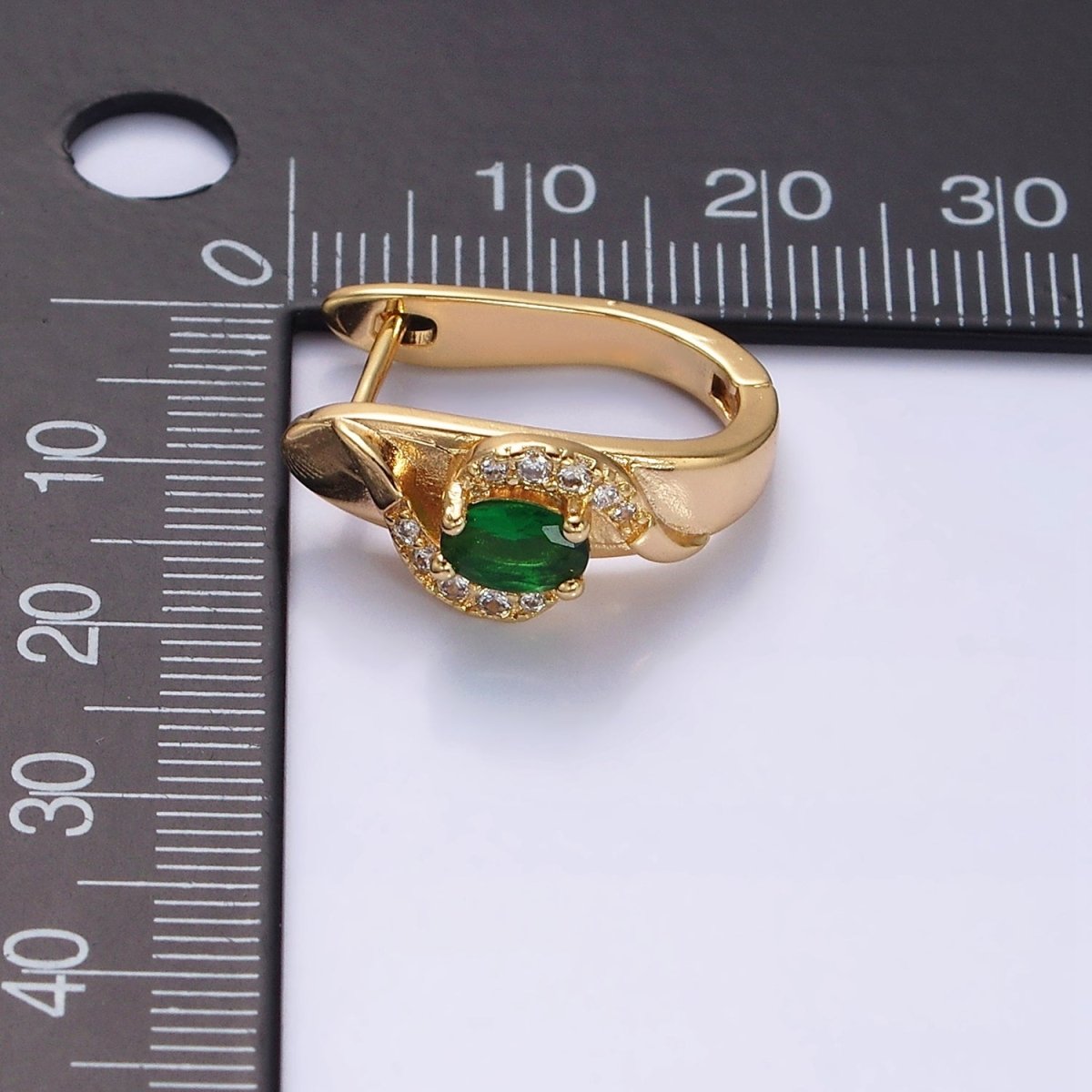 16K Gold Filled Green Oval Micro Paved Curved English Lock Earrings in Gold & Silver | Y-813 Y-814 - DLUXCA