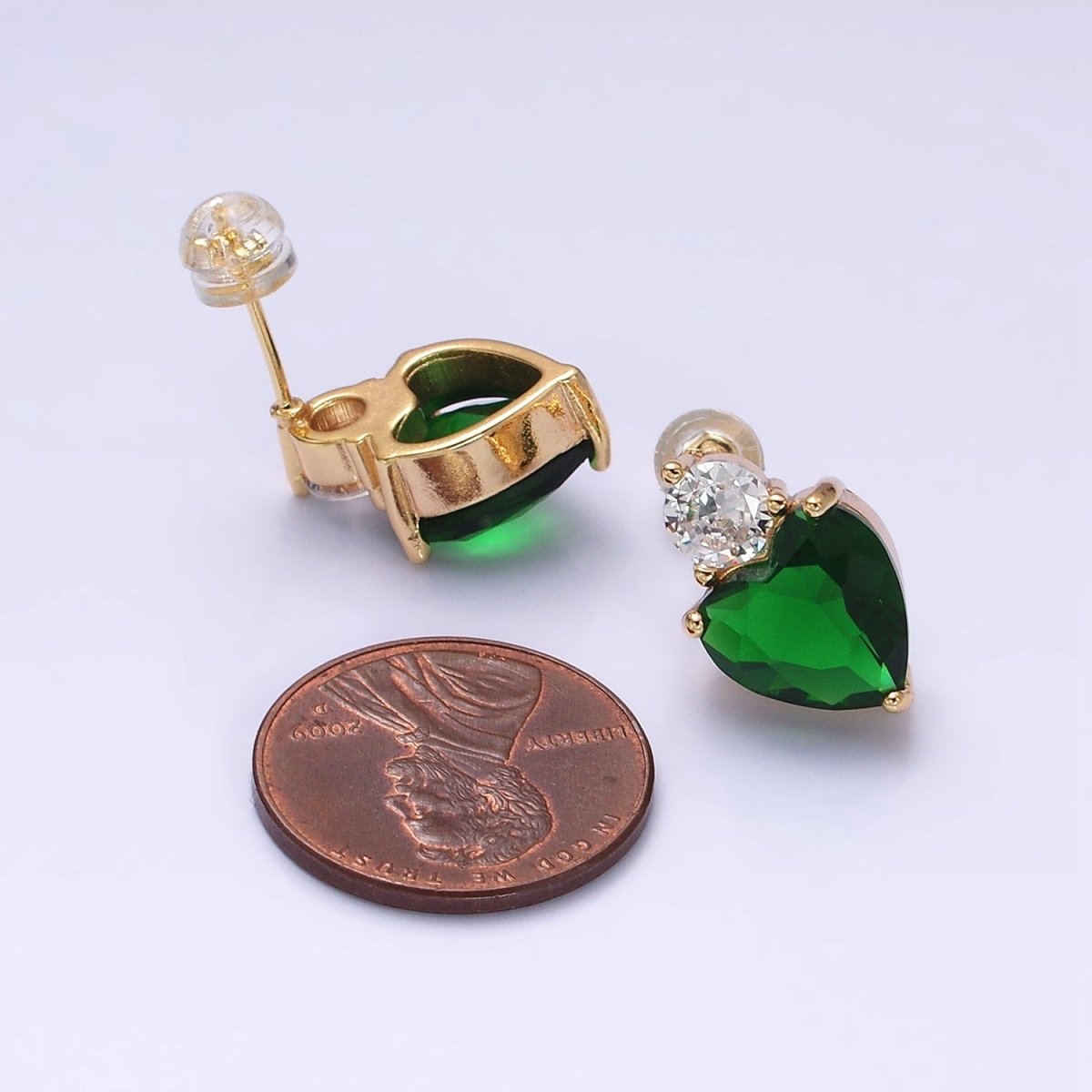 16K Gold Filled Green, Pink Heart Round CZ Stud Earrings in Gold & Silver | AD1074 - AD1077 - DLUXCA