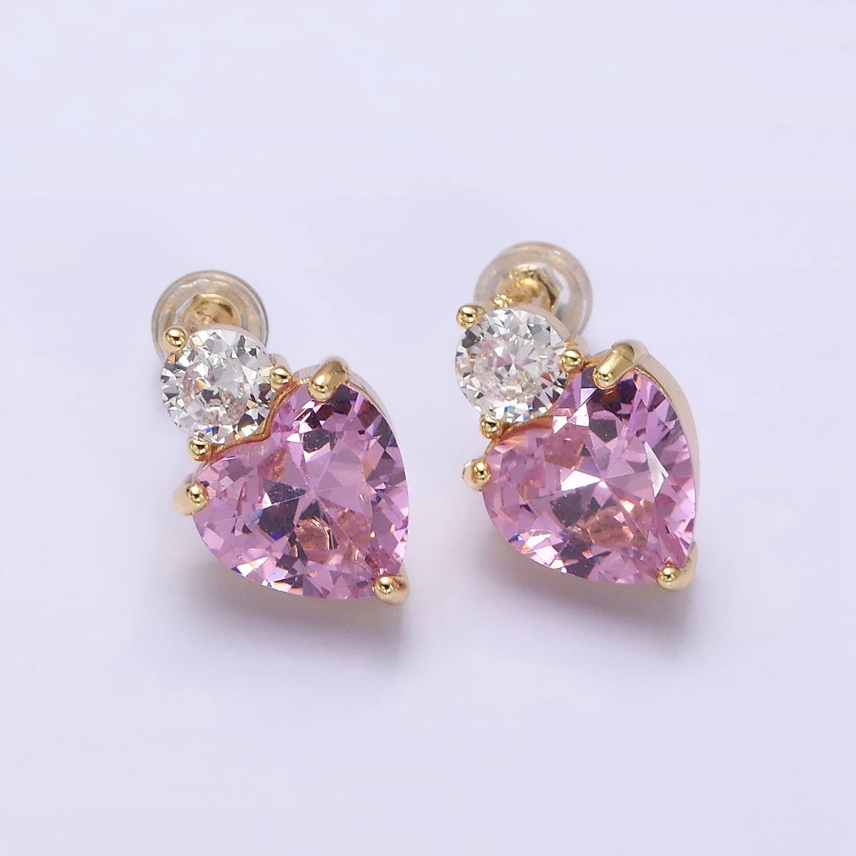 16K Gold Filled Green, Pink Heart Round CZ Stud Earrings in Gold & Silver | AD1074 - AD1077 - DLUXCA