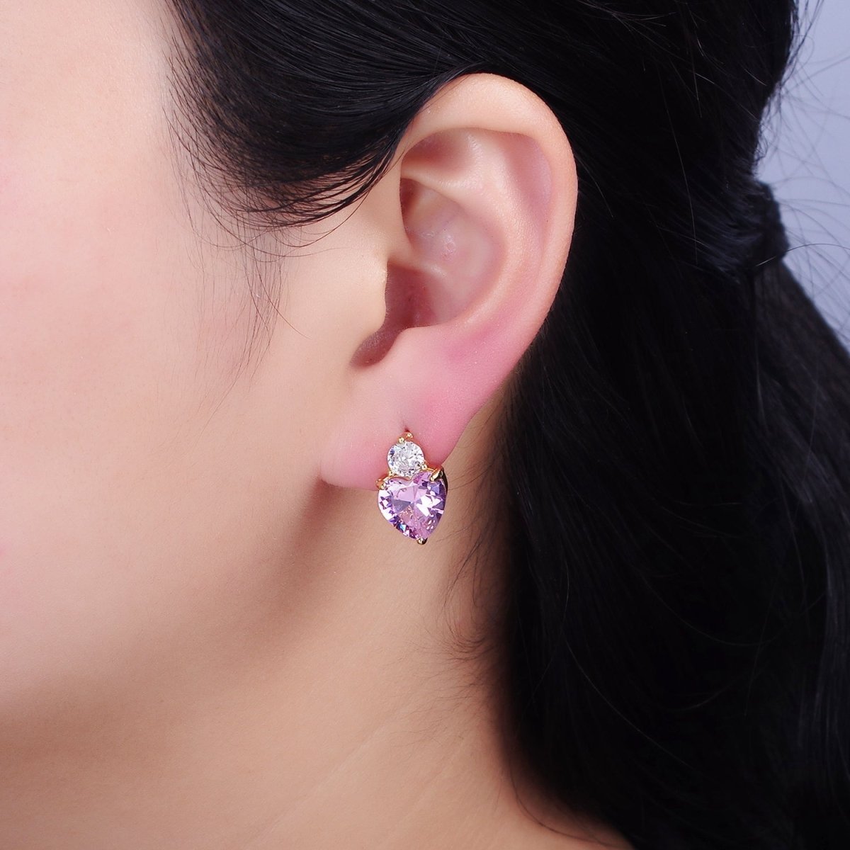 16K Gold Filled Green, Pink Heart Round CZ Stud Earrings in Gold & Silver | AD1074 - AD1077 - DLUXCA