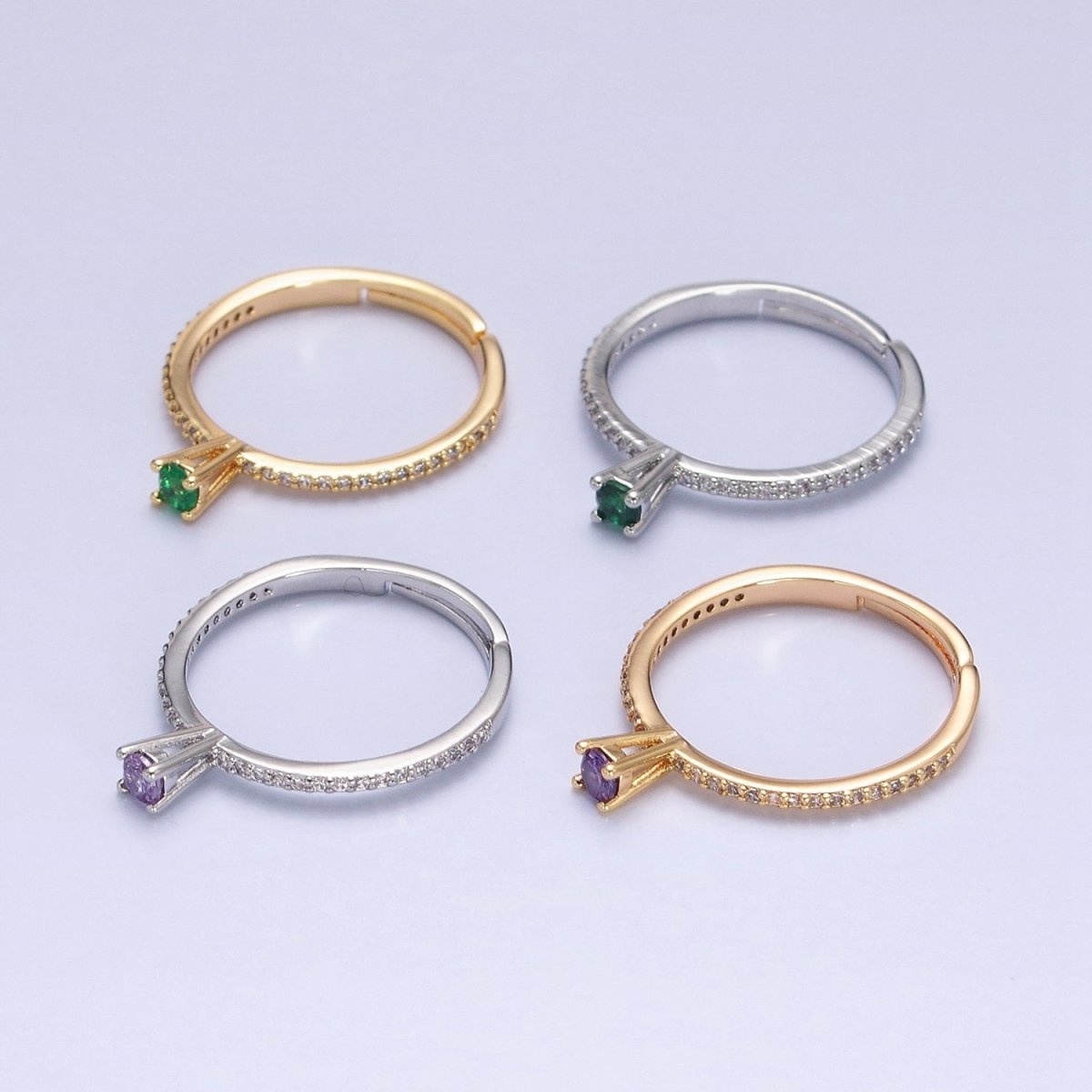 16K Gold Filled Green, Purple CZ Solitaire Clear Micro Paved Adjustable Ring in Gold & Silver | O-1890 O-1891 O-1892 O-1893 - DLUXCA