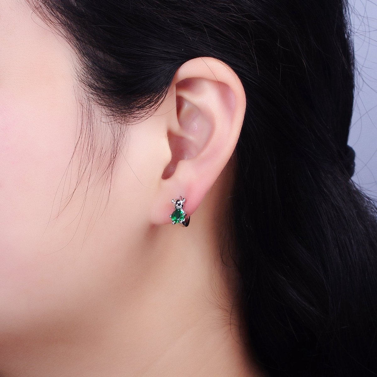 16K Gold Filled Green Round CZ Teddy Bear Animal 11mm Cartilage Huggie Earrings in Silver & Gold | AB650 AD1296 - DLUXCA