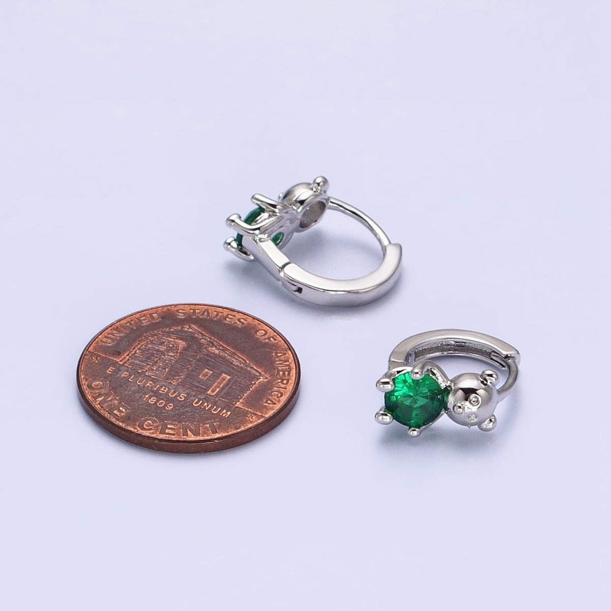 16K Gold Filled Green Round CZ Teddy Bear Animal 11mm Cartilage Huggie Earrings in Silver & Gold | AB650 AD1296 - DLUXCA