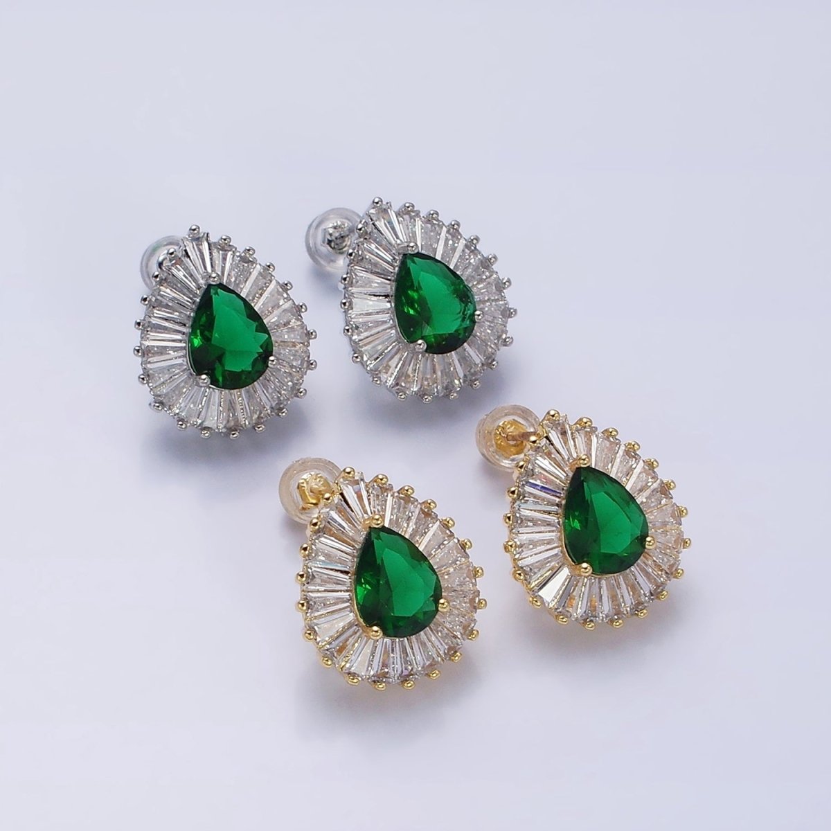 16K Gold Filled Green Teardrop CZ Baguette Stud Earrings in Gold & Silver | AD1084 AD1085 - DLUXCA