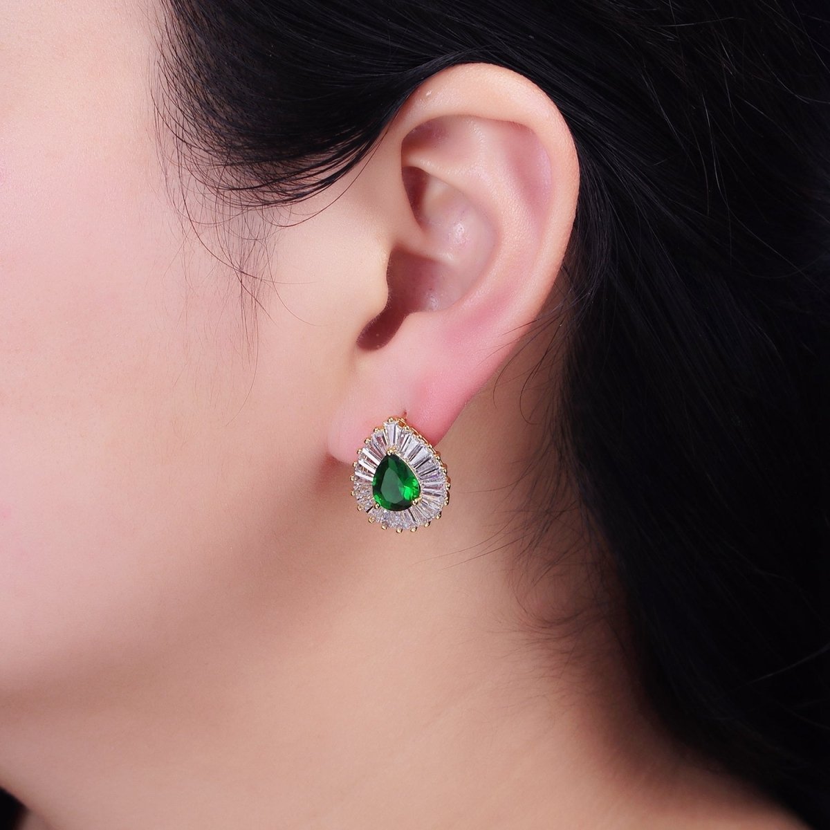 16K Gold Filled Green Teardrop CZ Baguette Stud Earrings in Gold & Silver | AD1084 AD1085 - DLUXCA